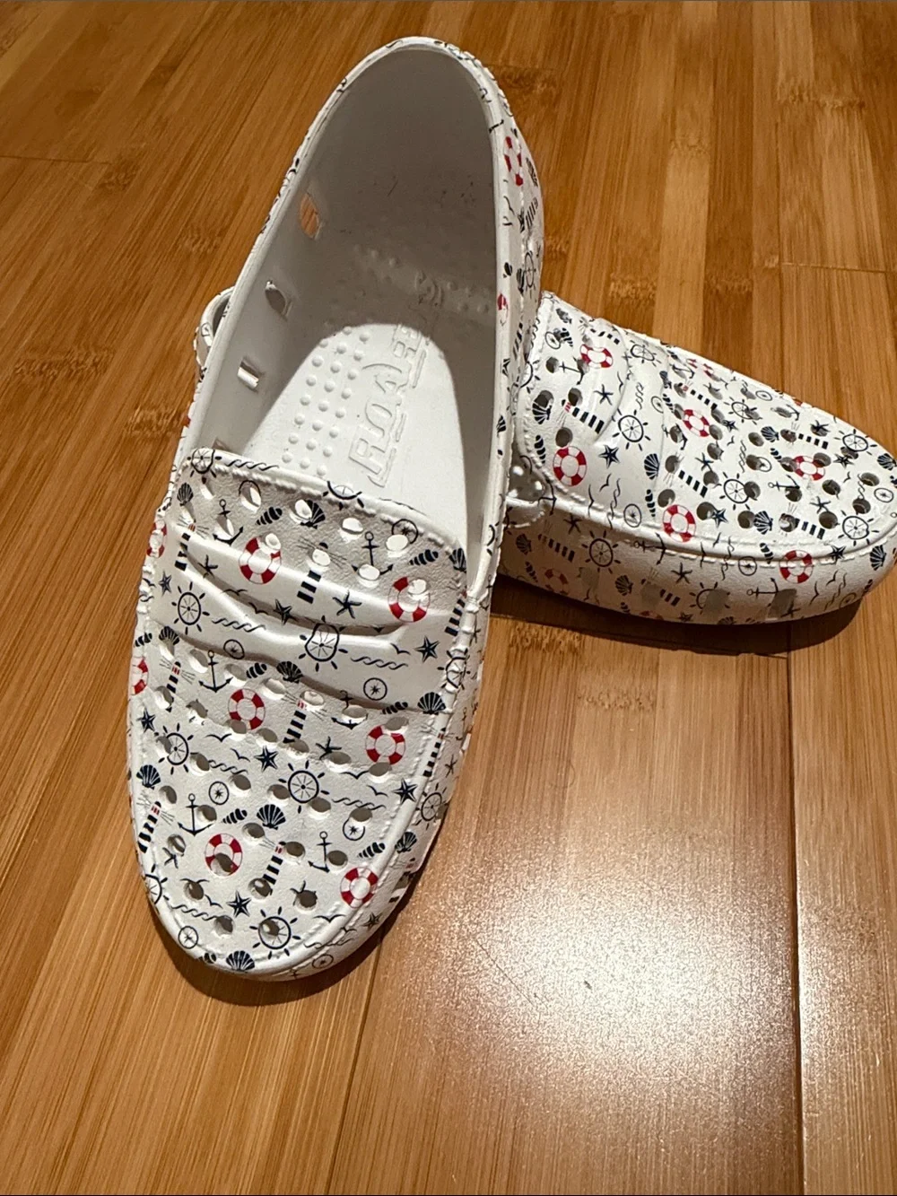 Kids Nautical Moccasin Slip-Ons - White with Red & Navy Accents